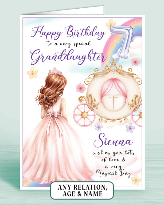Granddaughter Birthday Card, Personalised 7th Birthday Card for Granddaughter, Princess Carriage & Castle Design [GIRL C] RED AUBURN HAIR | Oliver Rose Designs