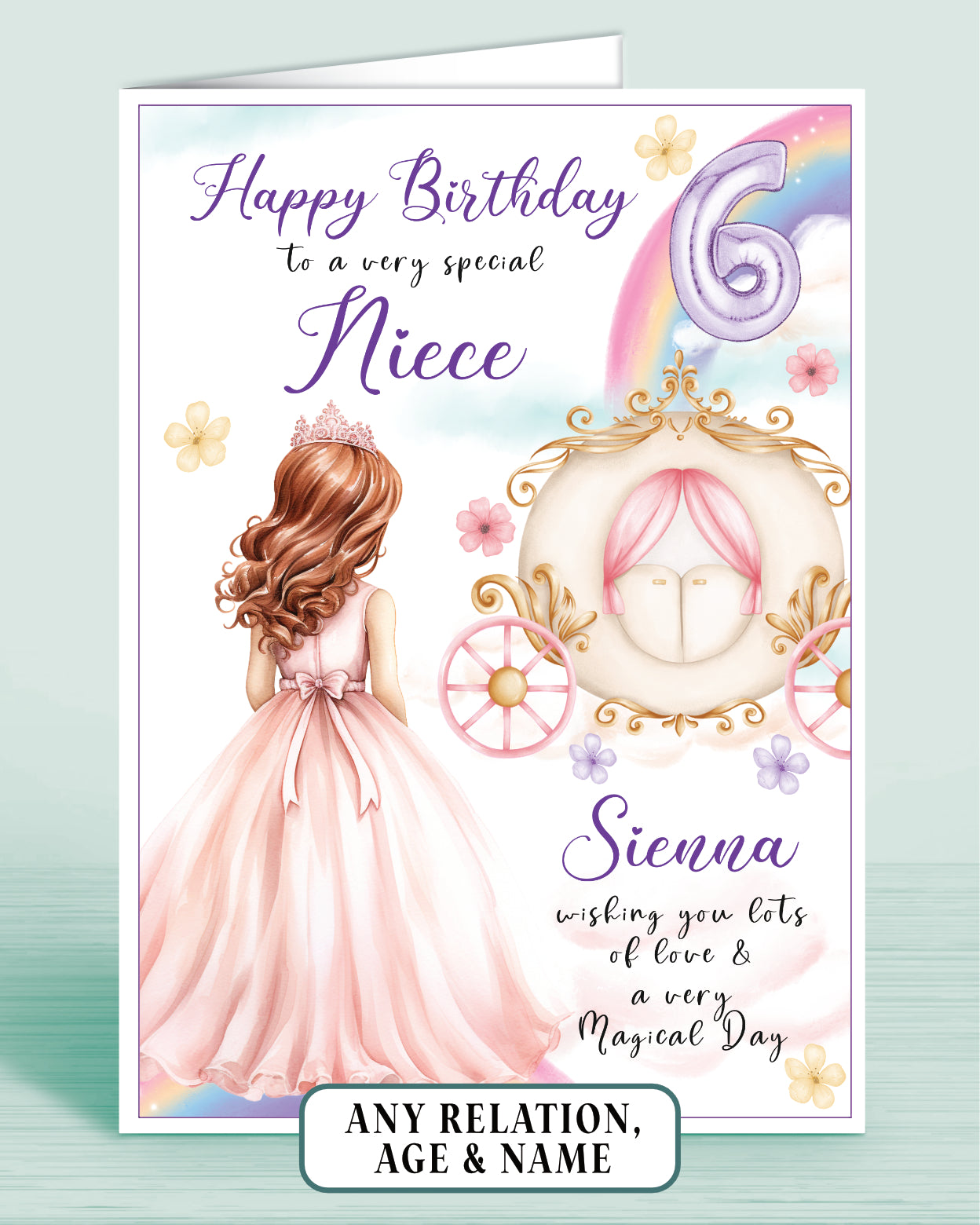 Niece Birthday Card, Personalised 6th Birthday Card for Niece, Princess Carriage & Castle Design [GIRL C] RED AUBURN HAIR | Oliver Rose Designs