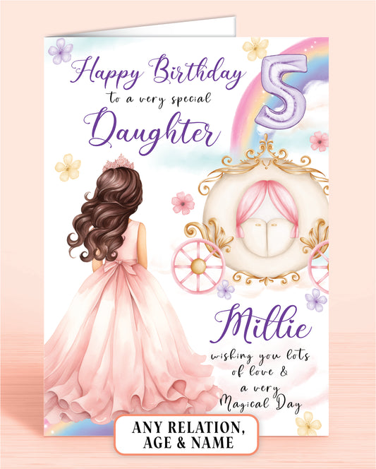 Daughter Personalised 5th Birthday Card, Niece 5th, 5th Birthday Card, Happy Birthday to a very special Sister, [Name] wishing you lots of love & a very Magical Day [GIRL B] DARK BROWN HAIR | Oliver Rose Designs