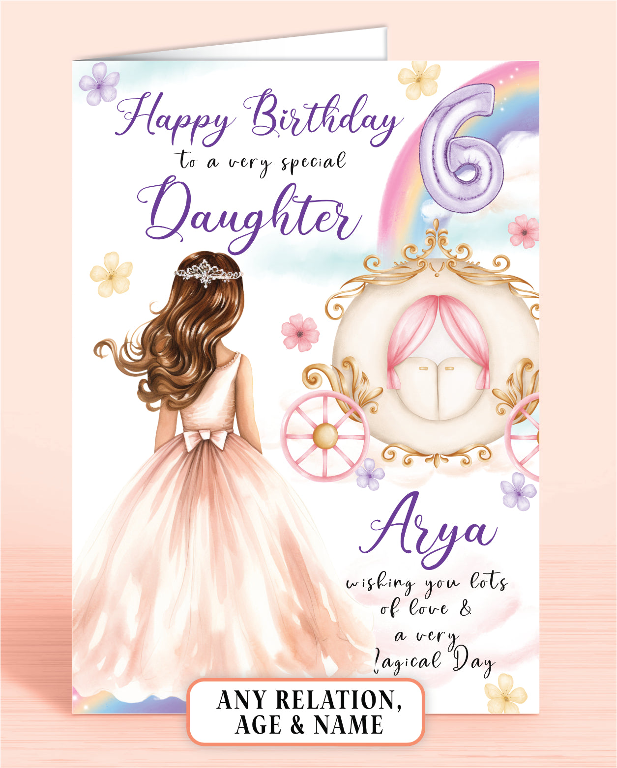 Personalised Daughter 6th Birthday Card, Niece 7th, 8th Birthday Card, Happy Birthday to a very special Sister, [Name] wishing you lots of love & a very Magical Day [GIRL D] BROWN HAIR | Oliver Rose Designs