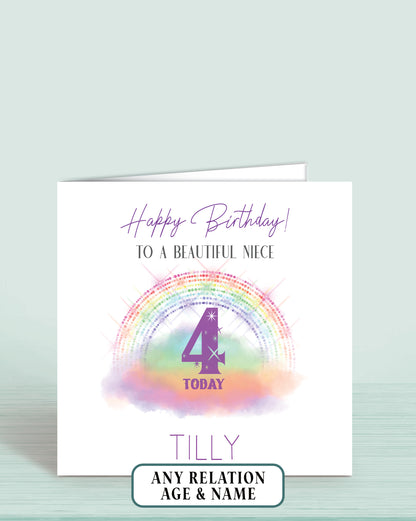 Rainbow cloud birthday card. Age 4 Happy Birthday to a beautiful Niece, personalised if required.