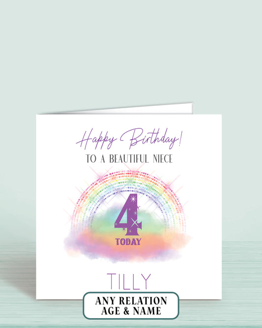 Rainbow cloud birthday card. Age 4 Happy Birthday to a beautiful Niece, personalised if required.