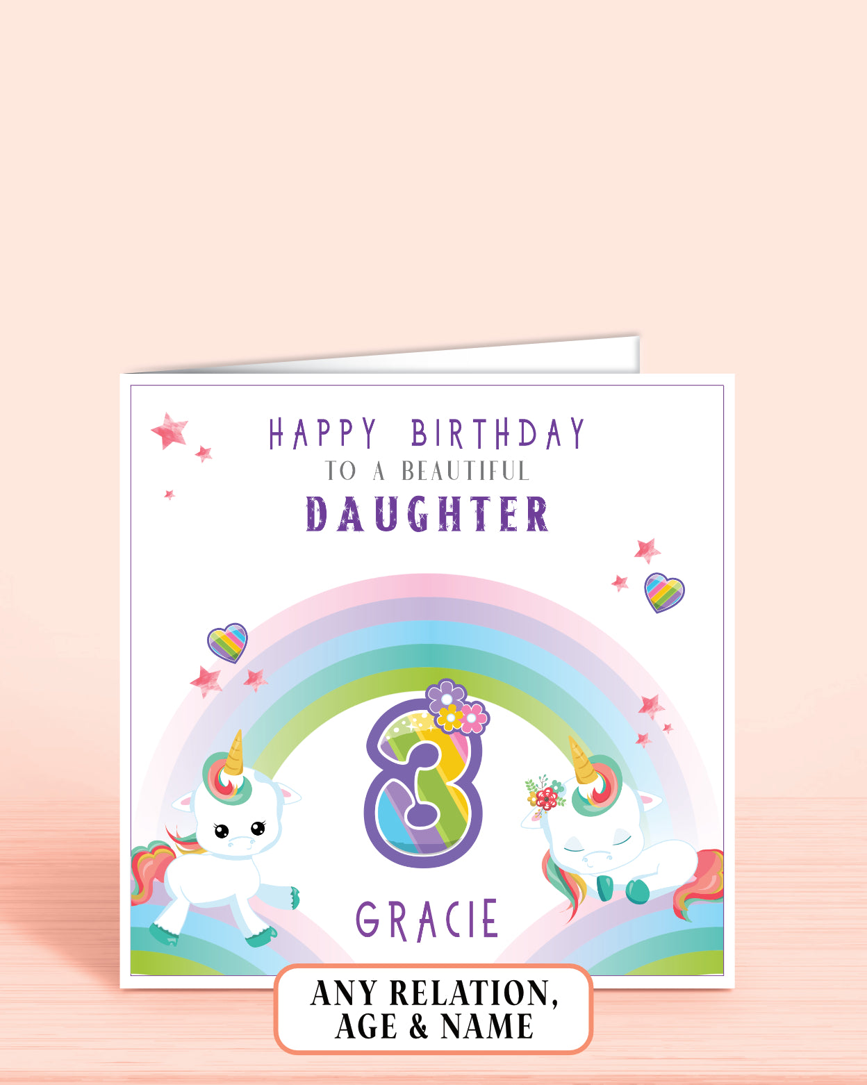 Birthday card for a daughter with a unicorn and rainbow design personalised with her name if required.