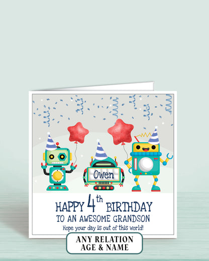 Birthday card with robots holding balloons and text on a light grey background. Reads: Happy 4th Birthday To an awesome Grandson Hope your day is out of this world, add childs name if required | Oliver Rose Designs