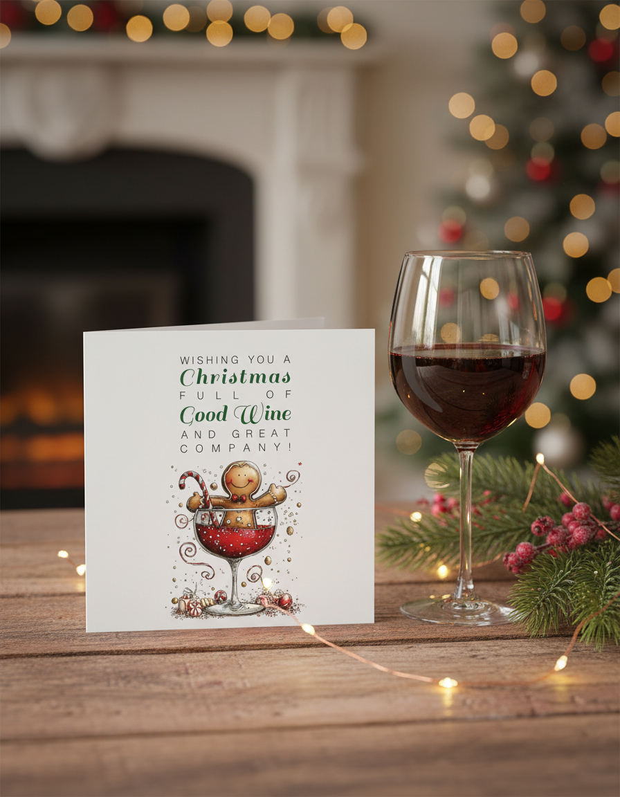 Lifestyle image of Red Wine Gingerbread Man Christmas Card on festive table | Oliver Rose Designs