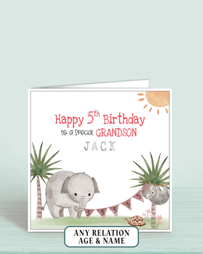 Grandson Birthday Card, 5th Birthday Card for Grandson, Personalisaed Safari Animals Birthday Card for Boys | Oliver Rose Designs