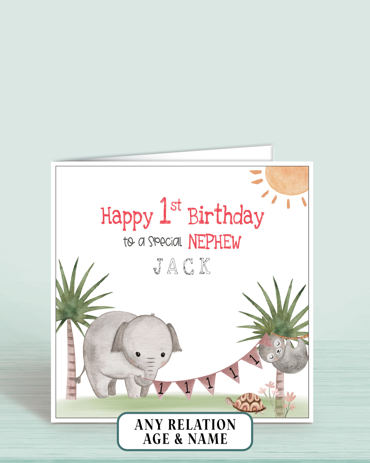 Nephew Birthday Card, 1st Birthday Card for Nephew, Personalised Safari Animals Birthday Card for Boys | Oliver Rose Designs