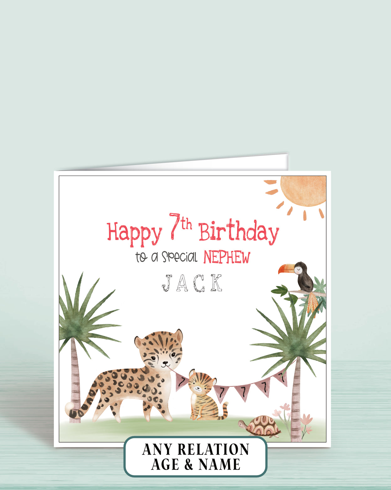 Nephew Birthday Card, 7th Birthday Card for Nephew, Personalised Safari Animals Birthday Card for Boys | Oliver Rose Designs