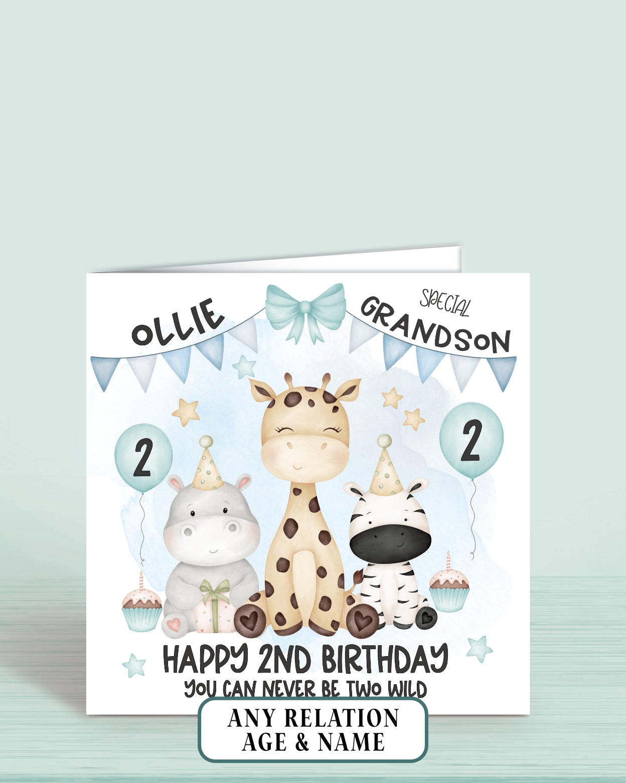 A 6x6 inch birthday card for a 2nd birthday with a Hippo, Giraffe & Zebra, Happy 2nd Birthday, You can never be two wild, Grandson, Add any Relation & Name | Oliver Rose Designs
