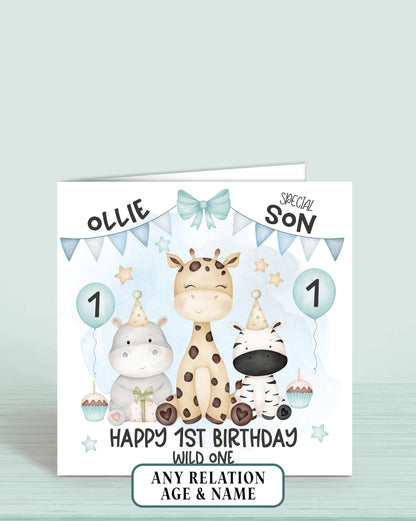 A 6x6 inch birthday card for a 1st birthday with a Hippo, Giraffe & Zebra, Happy 1st Birthday, Wild One, Son, Add any Relation & Name | Oliver Rose Designs