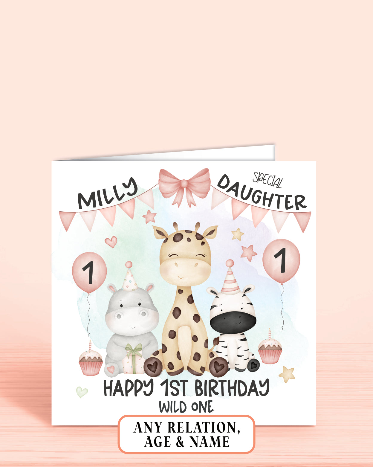 A 6x6 inch birthday card for a 1st birthday with a Hippo, Giraffe & Zebra, Happy 1st Birthday, Wild One, Daughter, Add any Relation & Name | Oliver Rose Designs