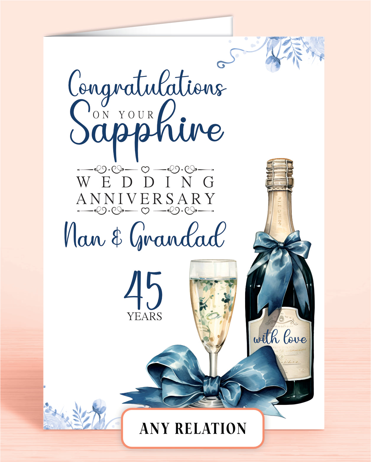 Nan & Grandad Sapphire 45th Anniversary Card, Congratulations on your Sapphire Wedding Anniversary, Gran & Grandpa, Grandma & Grandad, 45 Years | Oliver Rose Designs