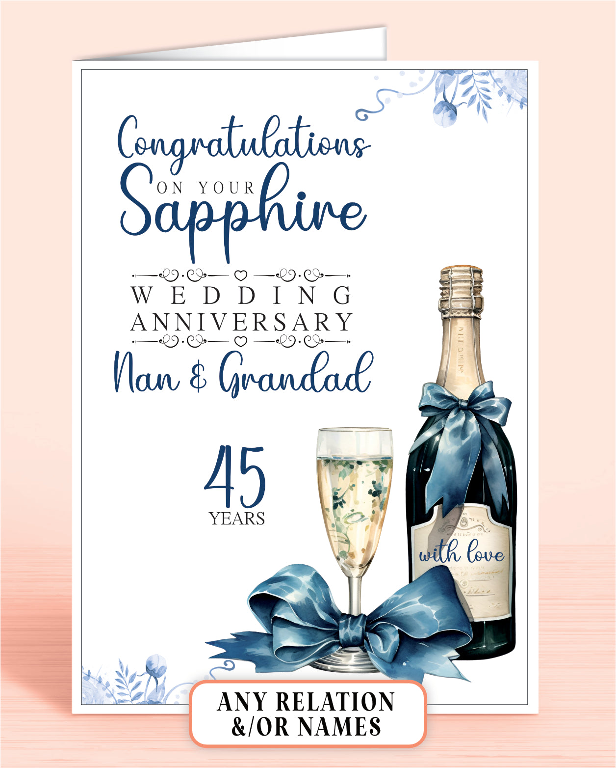 Nan & Grandad Sapphire 45th Anniversary Card, Congratulations on your Sapphire Wedding Anniversary, Gran & Grandpa, Grandma & Grandad, 45 Years | Oliver Rose Designs