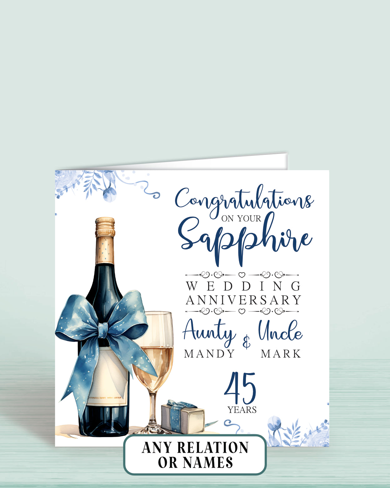 Aunty & Uncle (with names) 45th Sapphire Anniversary Card, Congratulations On your Sapphire Wedding Anniversary, 45 years