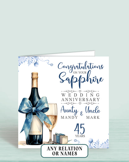 Aunty & Uncle (with names) 45th Sapphire Anniversary Card, Congratulations On your Sapphire Wedding Anniversary, 45 years