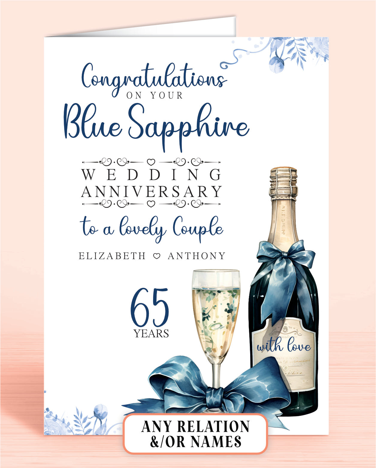 To A Lovely Couple, Blue Sapphire 65th Anniversary Card, Congratulations on your Blue Sapphire Wedding Anniversary, 65 Years | Oliver Rose Designs