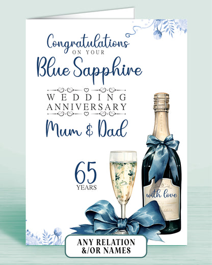 Mum & Dad Blue Sapphire 65th Anniversary Card, Congratulations on your Blue Sapphire Wedding Anniversary, Mam & Dad, Mom & Dad, 65 Years | Oliver Rose Designs