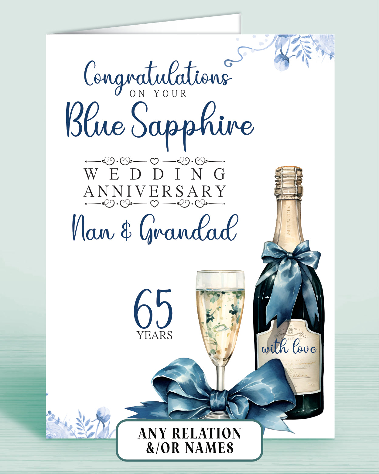 Nan & Grandad Blue Sapphire 65th Anniversary Card, Congratulations on your Blue Sapphire Wedding Anniversary, Gran & Grandad, Grandma, Granny, Nanny, 65 Years | Oliver Rose Designs