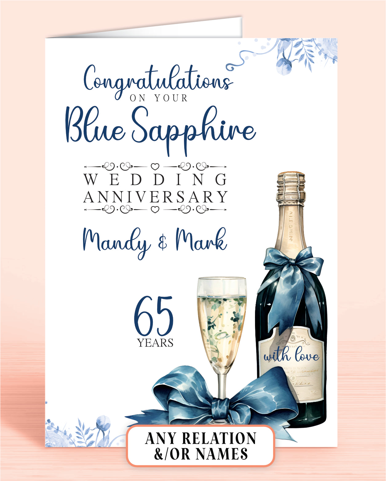 Personalised Blue Sapphire 65th Anniversary Card, Congratulations on your Blue Sapphire Wedding Anniversary, 65 Years | Oliver Rose Designs