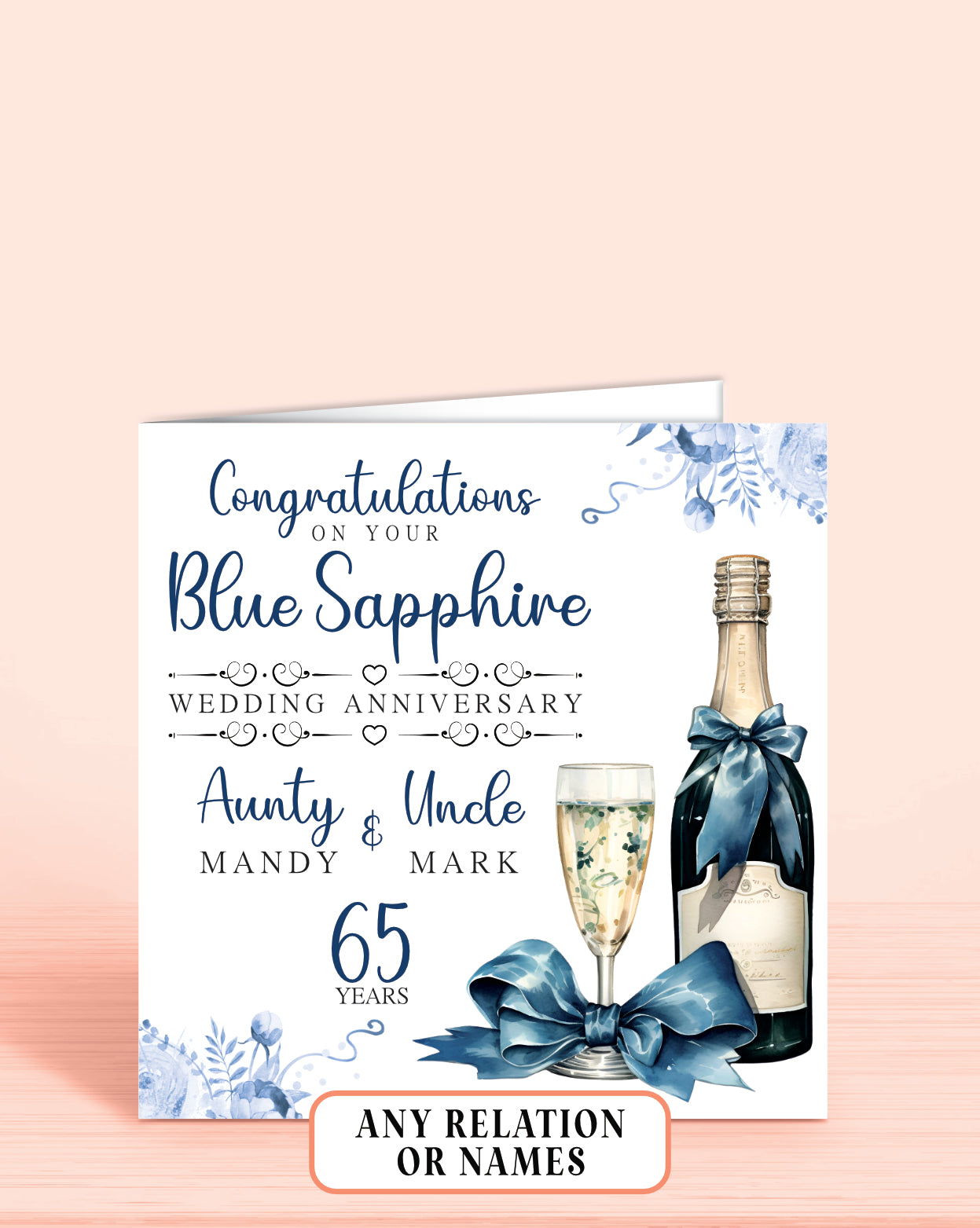 Aunty & Uncle (with names) 65th Blue Sapphire Anniversary Card, Congratulations On your Blue Sapphire Wedding Anniversary, 65 years