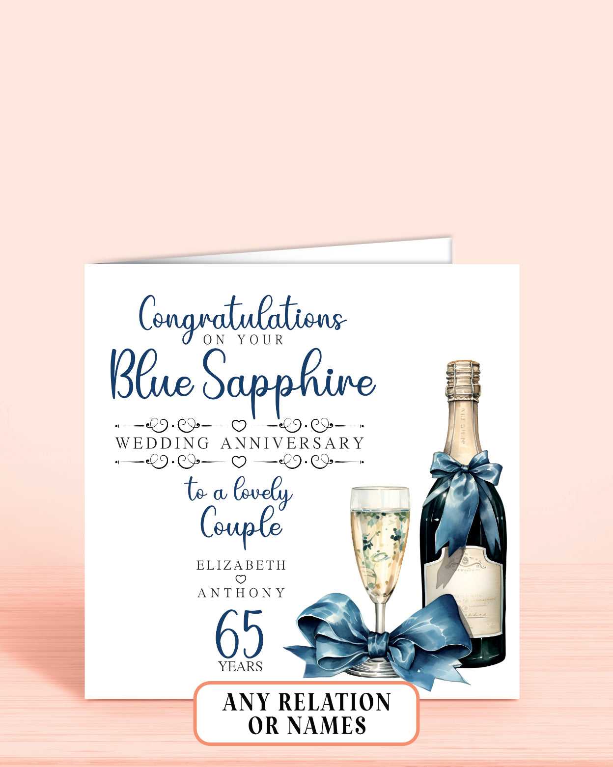 Lovely Couple (with names) 65th Blue Sapphire Anniversary Card, Congratulations On your Blue Sapphire Wedding Anniversary, 65 years | Oliver Rose Designs