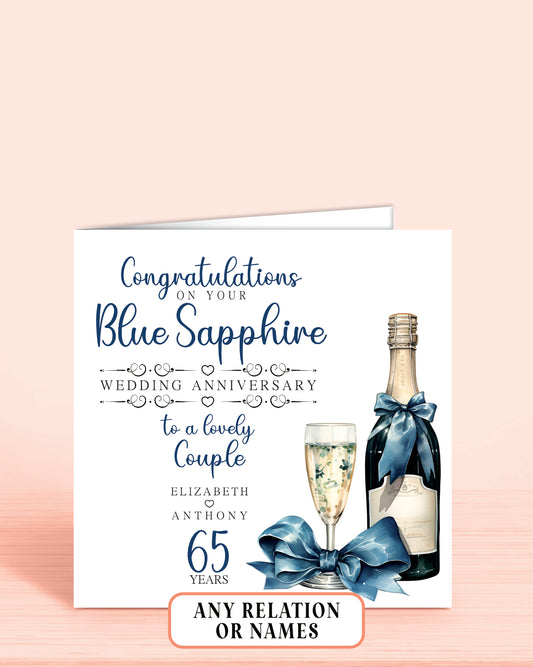 Lovely Couple (with names) 65th Blue Sapphire Anniversary Card, Congratulations On your Blue Sapphire Wedding Anniversary, 65 years | Oliver Rose Designs