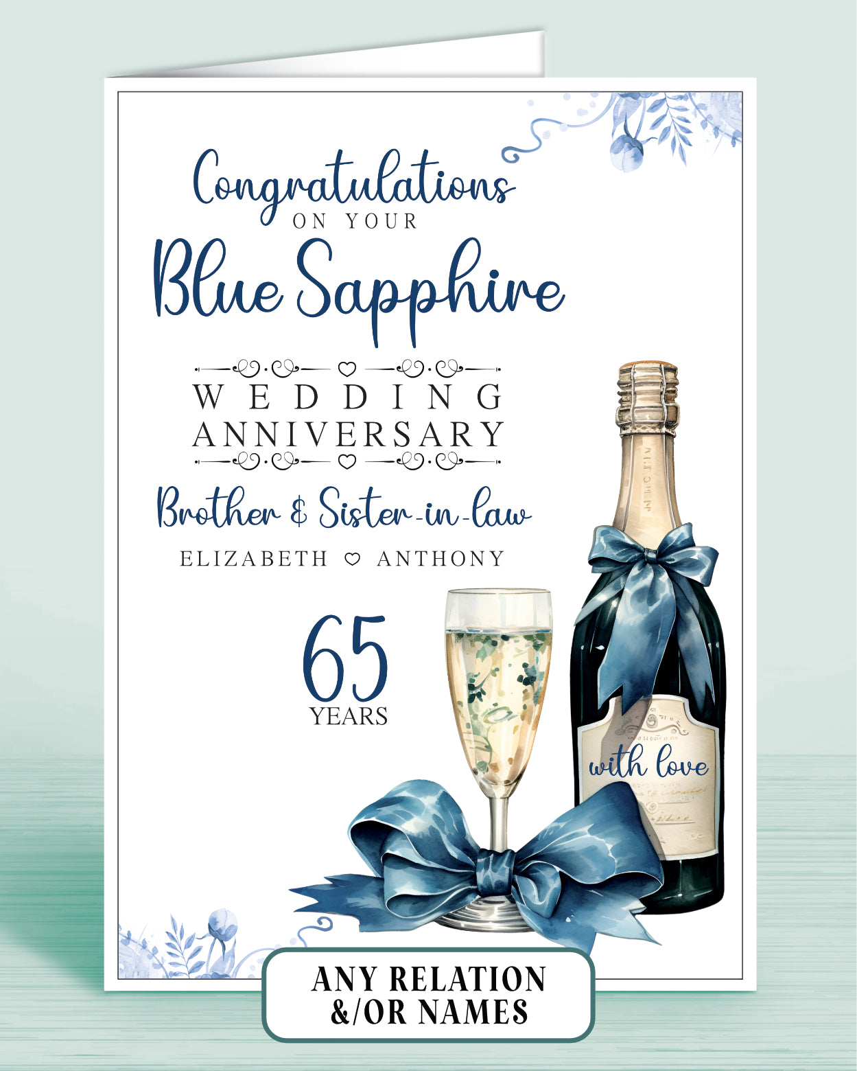 Brother & Sister-in-law Blue Sapphire 65th Anniversary Card, Congratulations on your Blue Sapphire Wedding Anniversary, 65 Years | Oliver Rose Designs