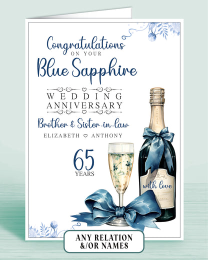 Brother & Sister-in-law Blue Sapphire 65th Anniversary Card, Congratulations on your Blue Sapphire Wedding Anniversary, 65 Years | Oliver Rose Designs