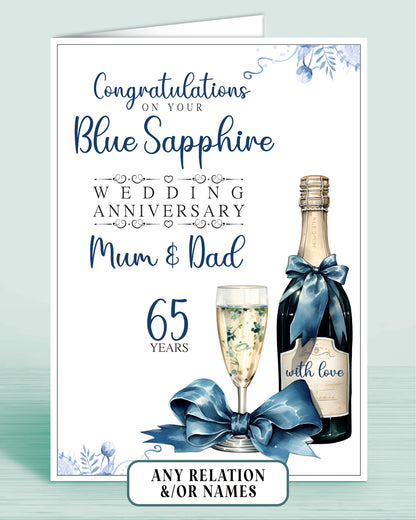 Mum & Dad Blue Sapphire 65th Anniversary Card, Congratulations on your Blue Sapphire Wedding Anniversary, Mam & Dad, Mom & Dad, 65 Years | Oliver Rose Designs