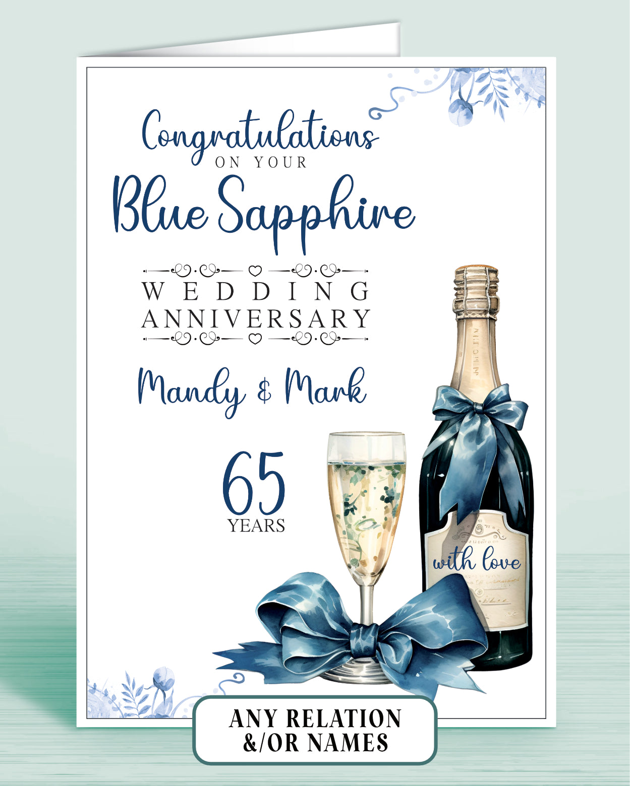 Personalised Blue Sapphire 65th Anniversary Card, Congratulations on your Blue Sapphire Wedding Anniversary, 65 Years | Oliver Rose Designs