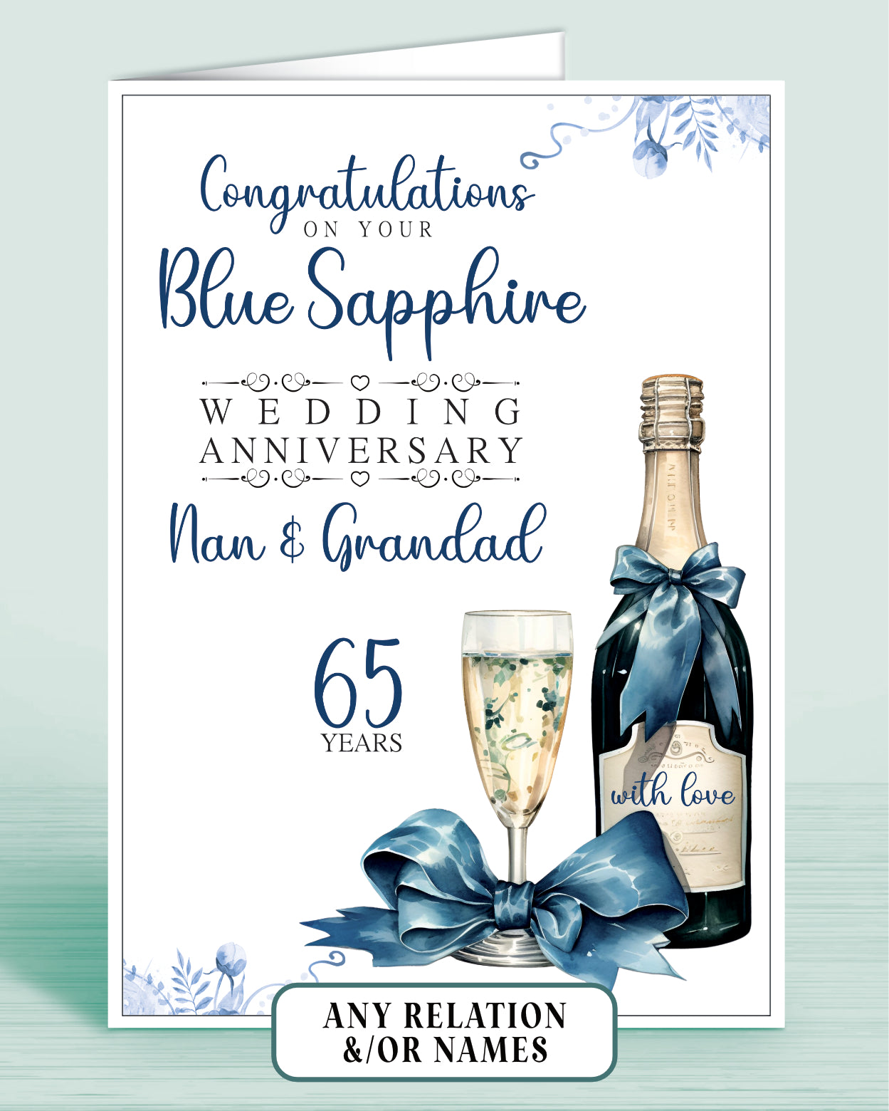 Nan & Grandad Blue Sapphire 65th Anniversary Card, Congratulations on your Blue Sapphire Wedding Anniversary, Gran & Grandad, Grandma, Granny, Nanny, 65 Years | Oliver Rose Designs