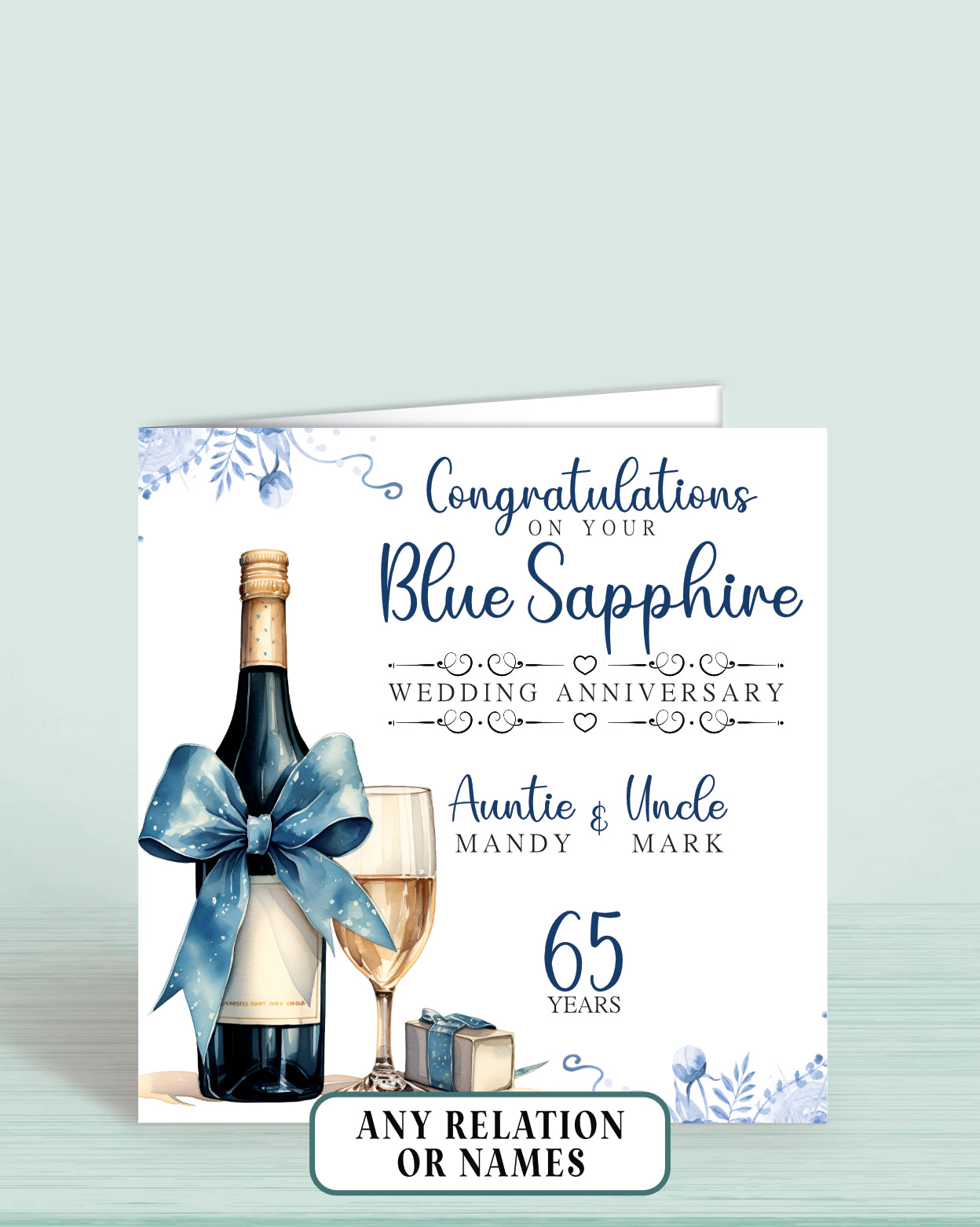 Auntie & Uncle (with names) 65th Blue Sapphire Anniversary Card, Congratulations On your Blue Sapphire Wedding Anniversary, 65 years