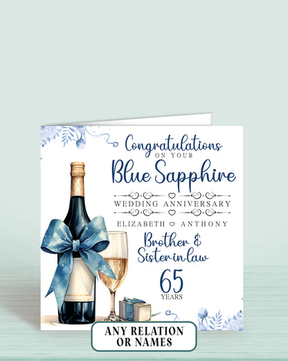 Brother & Sister-in-law (with names) 65th Blue Sapphire Anniversary Card, Congratulations On your Blue Sapphire Wedding Anniversary, 65 years