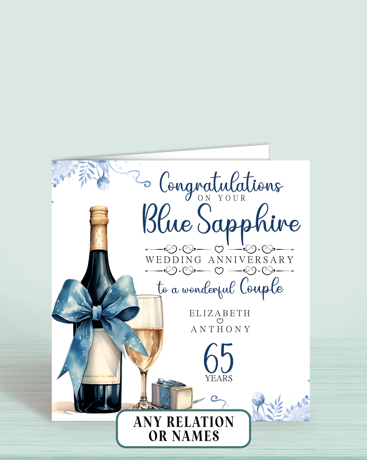 to a Wonderful Couple (with names) 65th Blue Sapphire Anniversary Card, Congratulations On your Blue Sapphire Wedding Anniversary, 65 years