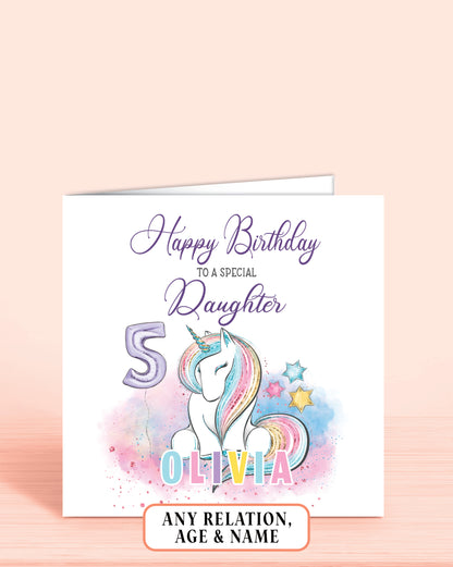 Daughter Birthday Card, Girls 5th Birthday Card, Personalised Unicorn design in pastel rainbow colours