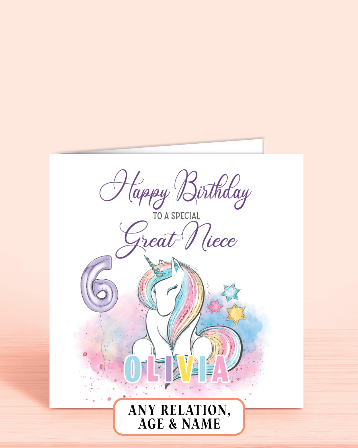 Great-Niece Birthday Card, Girls 6th Birthday Card, Personalised Unicorn design in pastel rainbow colours