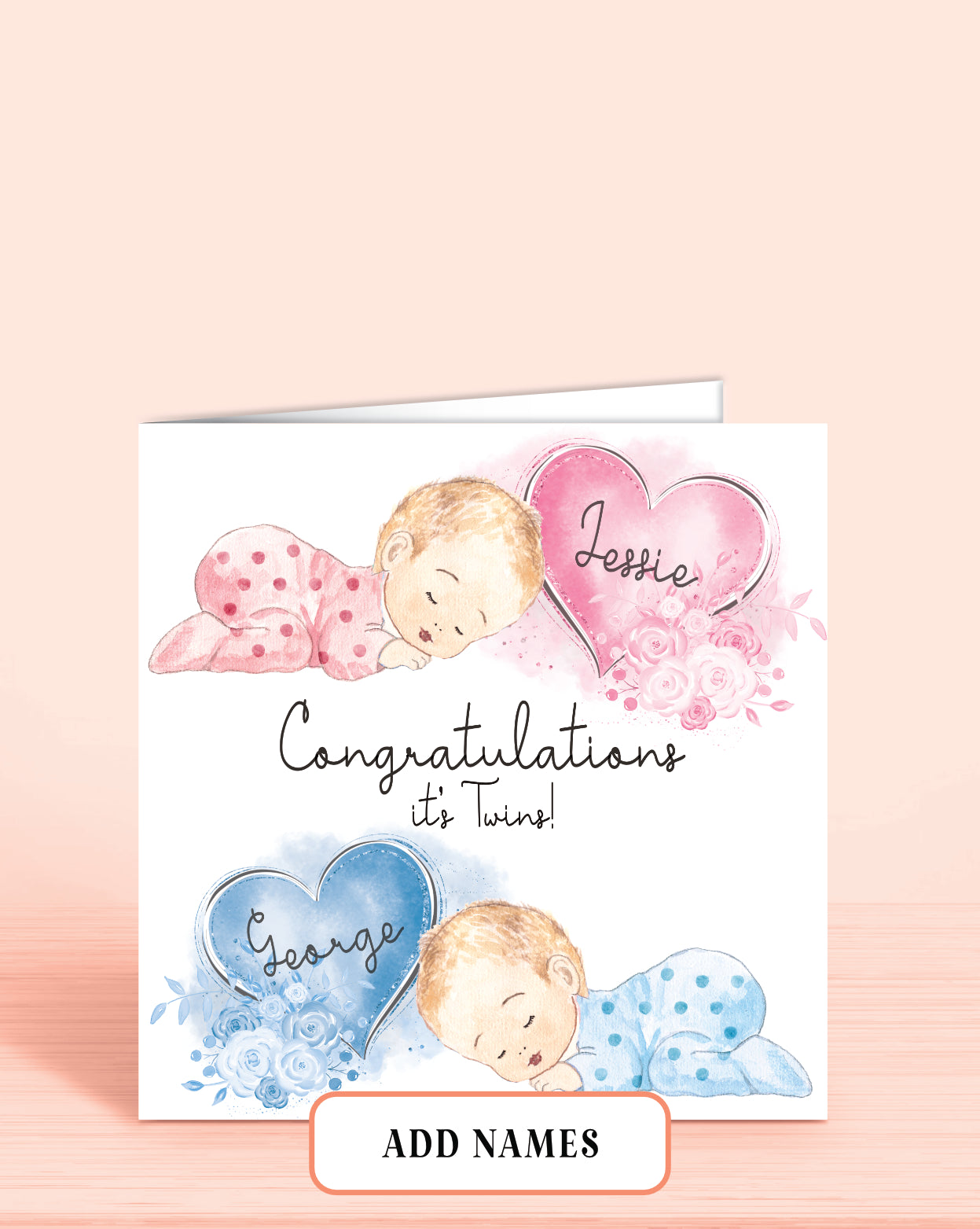 Newborn Baby Twins Girl & Boy Congratulations Card, Personalised with Names, Blonde Hair Congratulations Beautiful Twins Girl & Boy | Oliver Rose Designs