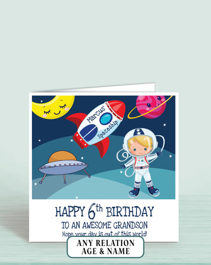 Grandson 6th Birthday Card, for Boys, Blonde Hair, Space Astronaut Personalised Card, Any Age, Any Relationship