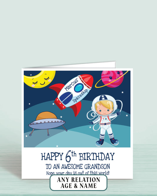 Grandson 6th Birthday Card, for Boys, Blonde Hair, Space Astronaut Personalised Card, Any Age, Any Relationship