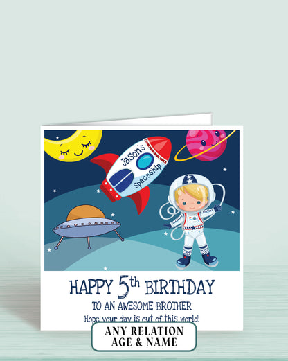 Brother 5th Birthday Card, for Boys, Blonde Hair, Space Astronaut Personalised Card, Any Age, Any Relationship