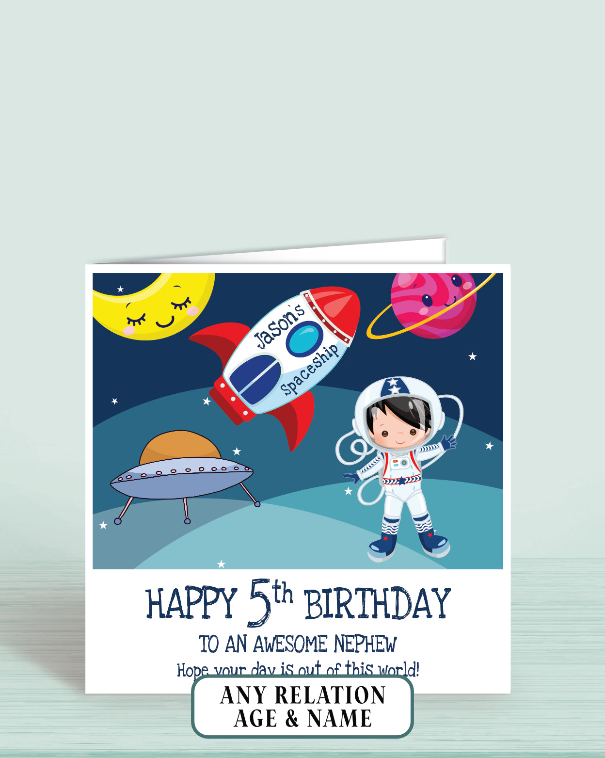 Nephew 5th Birthday Card, for Boys, Black Hair, Space Astronaut Personalised Card, Any Age, Any Relationship BOY C