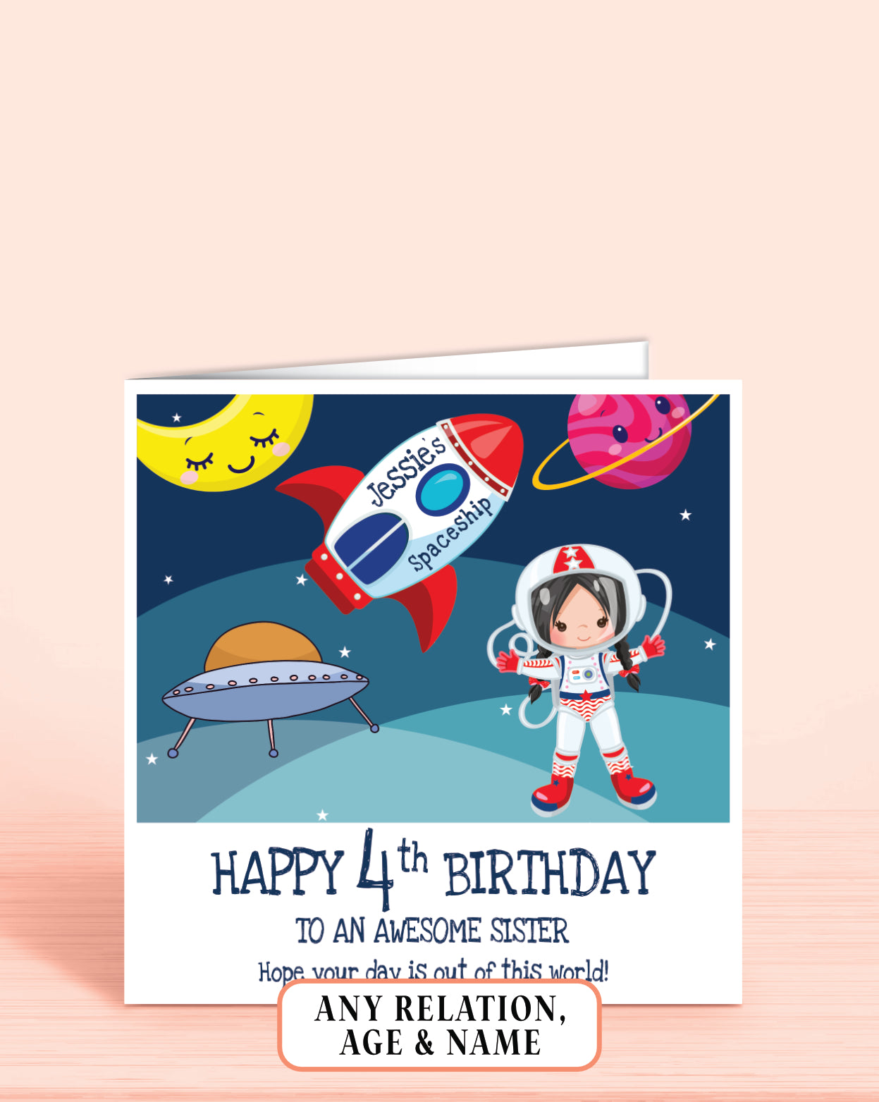 Sister 4th Birthday Card, for Girls, Black Hair, Space Astronaut Personalised Card, Any Age, Any Relationship GIRL F