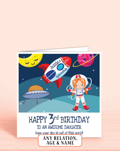 Daughter 3rd Birthday Card, for Girls, Red Hair, Space Astronaut Personalised Card, Any Age, Any Relationship GIRL G