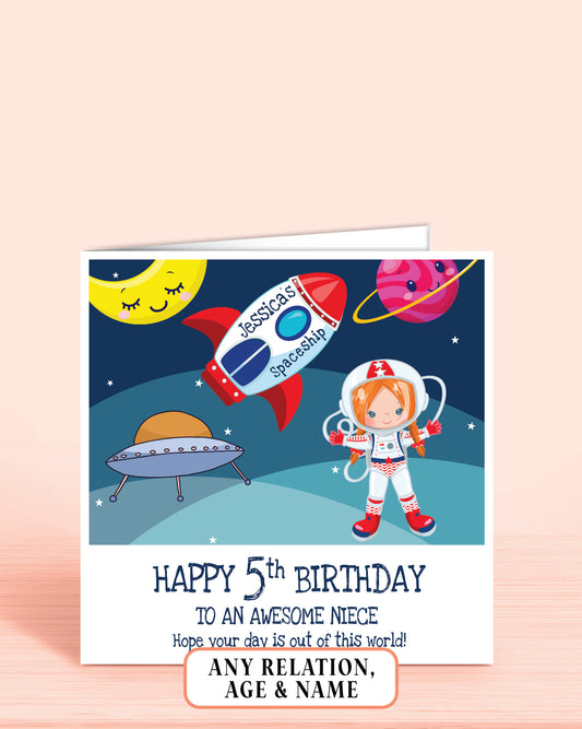 Niece 5th Birthday Card, for Girls, Red Hair, Space Astronaut Personalised Card, Any Age, Any Relationship GIRL G