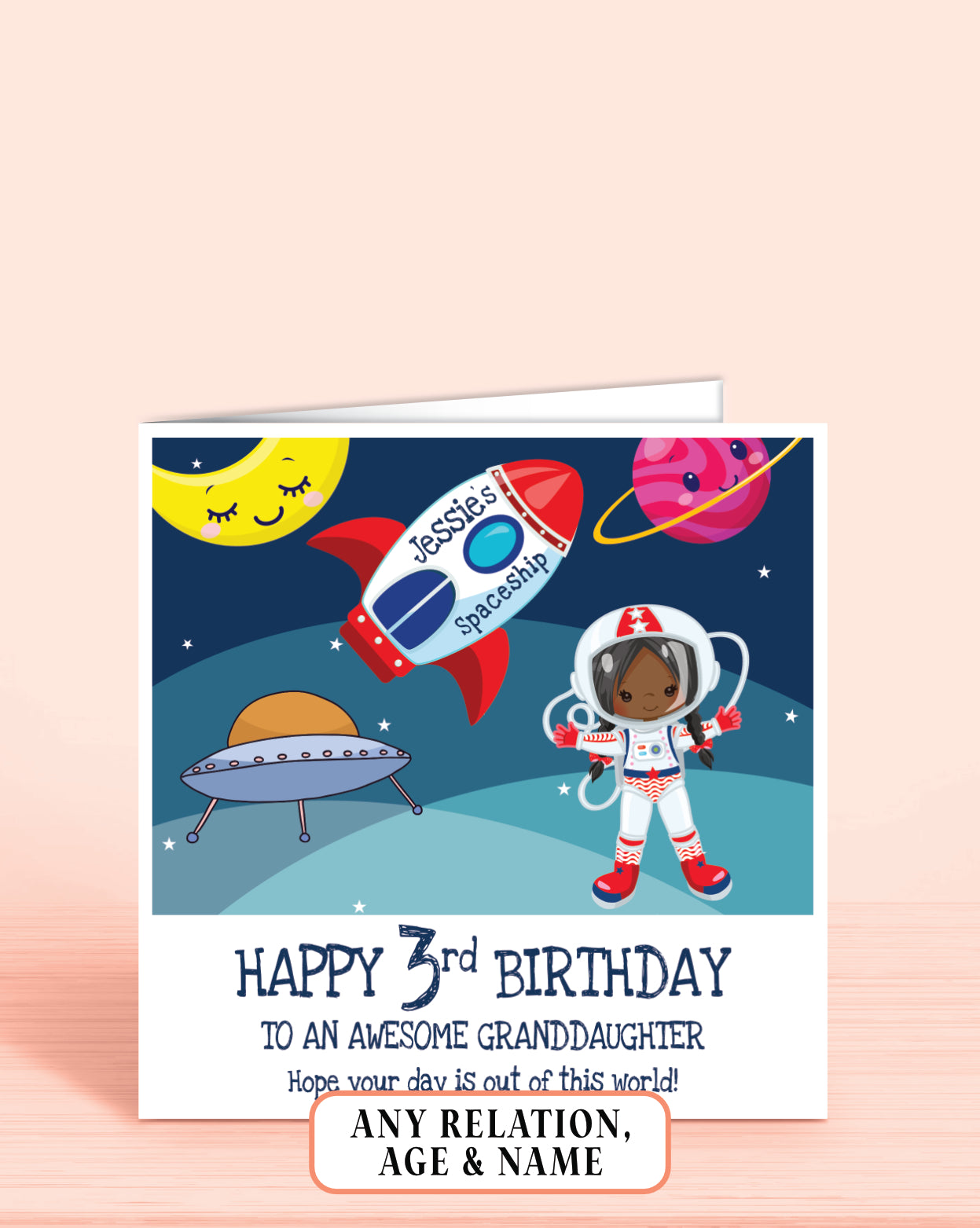 Granddaughter 3rd Birthday Card, for Girls, Black Hair, Space Astronaut Personalised Card, Any Age, Any Relationship GIRL J