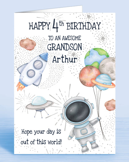 Space Theme Astronaut A5 Personalised 4th Birthday Card GRANDSON Hope your day is out of this world Rocket Asteroid Planets Spaceship Spaceman | Oliver Rose Designs