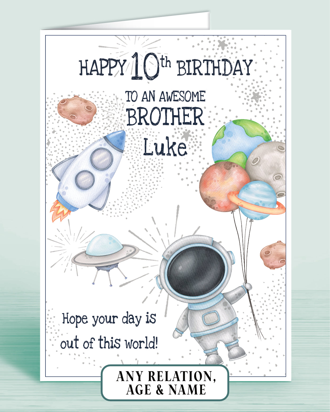 Brother Birthday Card, Personalised 10th Birthday Card for Boys or Girls, A5 Space Theme Astronaut Rocket, Spaceship, Planets, Asteroid, Spaceman | Oliver Rose Designs