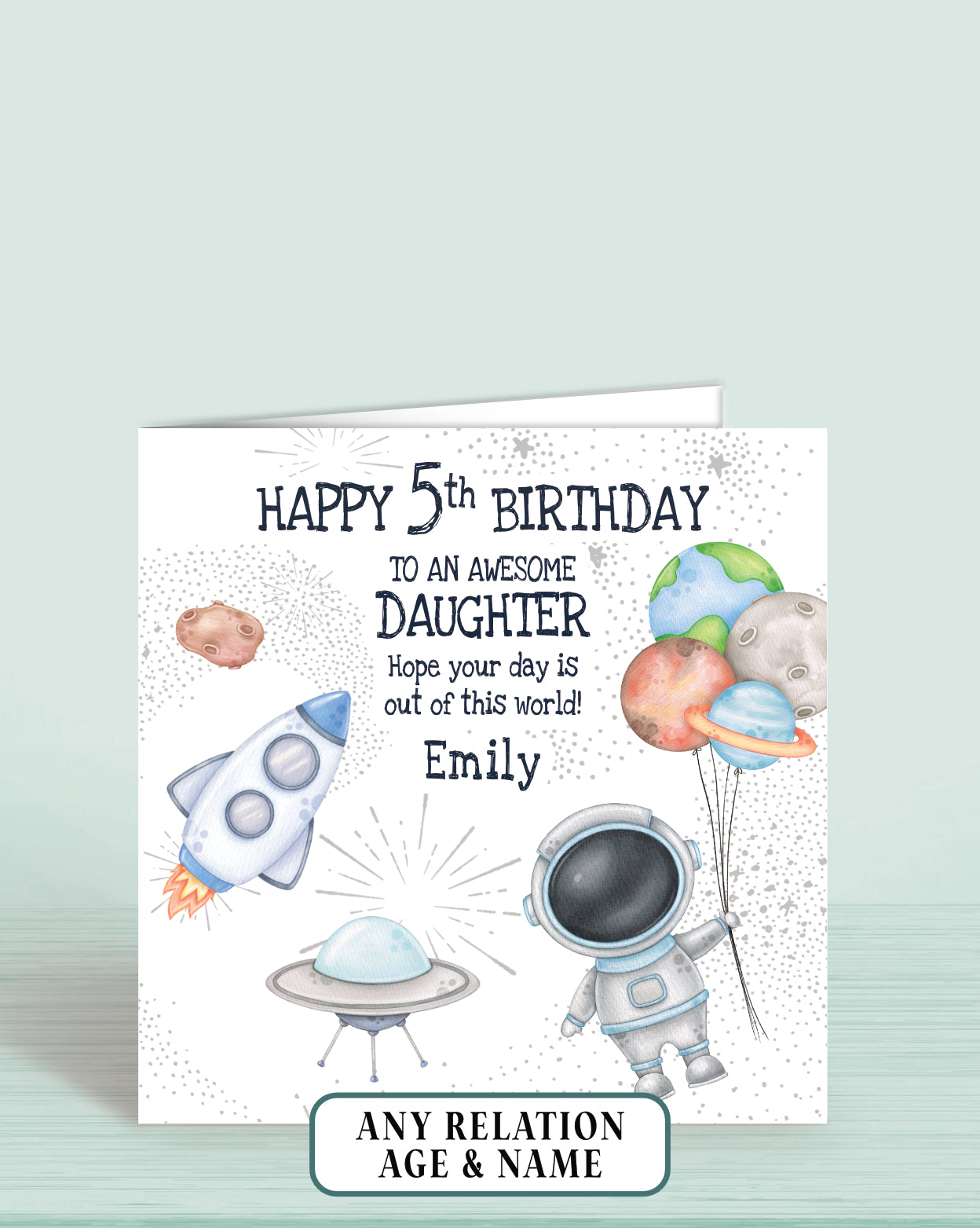 Daughter Birthday Card 5th, Space Theme Astronaut Rocket, Spaceship, Planets, Asteroid, Spacegirl, Granddaughter, Personalised, hope your day is out of this world