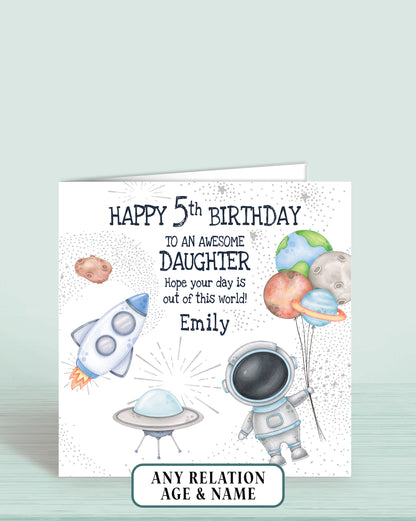 Daughter Birthday Card 5th, Space Theme Astronaut Rocket, Spaceship, Planets, Asteroid, Spacegirl, Granddaughter, Personalised, hope your day is out of this world