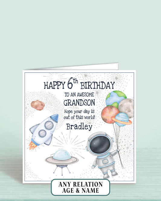 Grandson Birthday Card, Personalised 6th Birthday Card for Boys or Girls, Space Theme Astronaut Rocket, Spaceship, Planets, Asteroid, Spaceman | Oliver Rose Designs